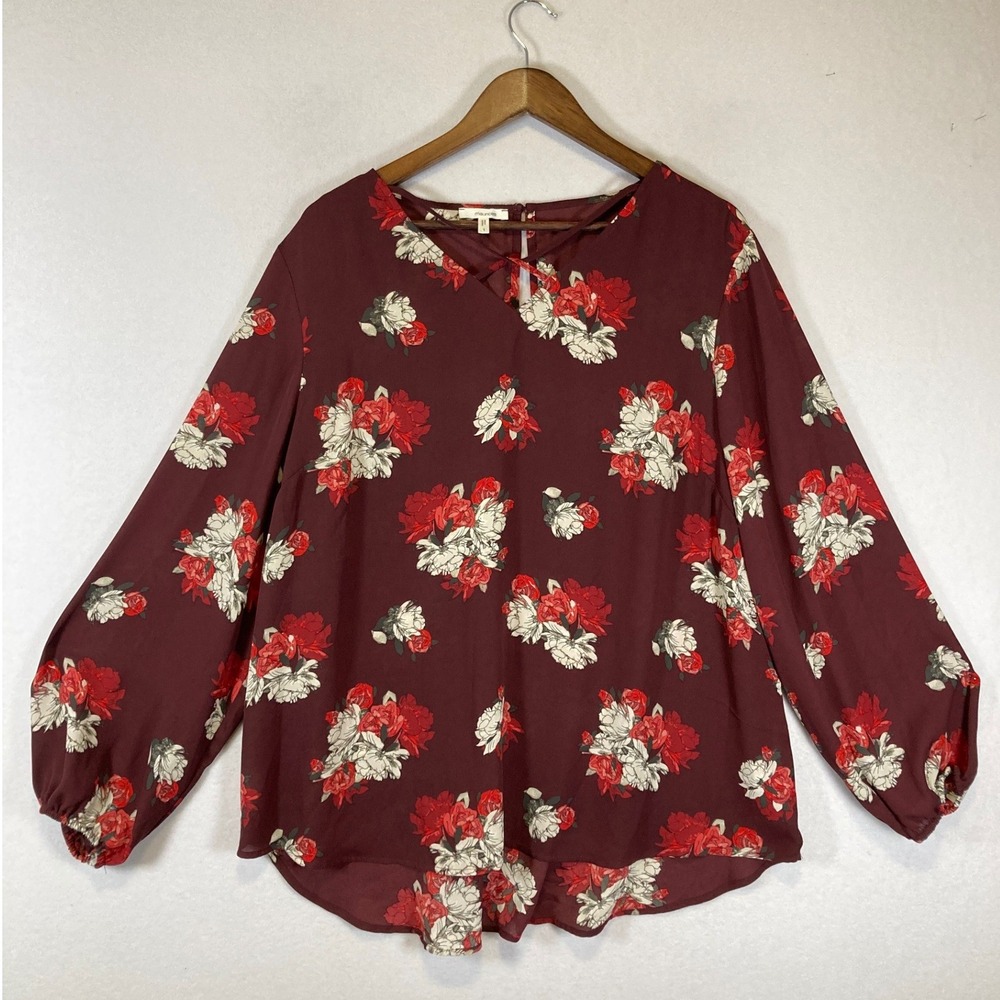 Boho Floral Maurices Women 1 Burgundy Red Rose Strappy V-Neck Balloon Sleeve Top